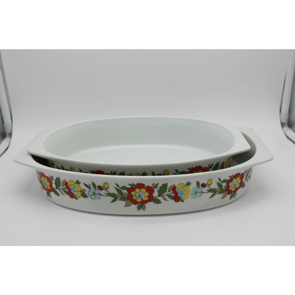Set of 2 Vtg Real Calorama Floral Genuine Porcelain Oven Ware 64 oz & 48 oz Oval